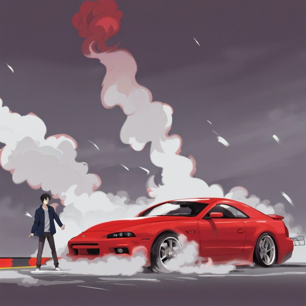 man doing burnout in red car