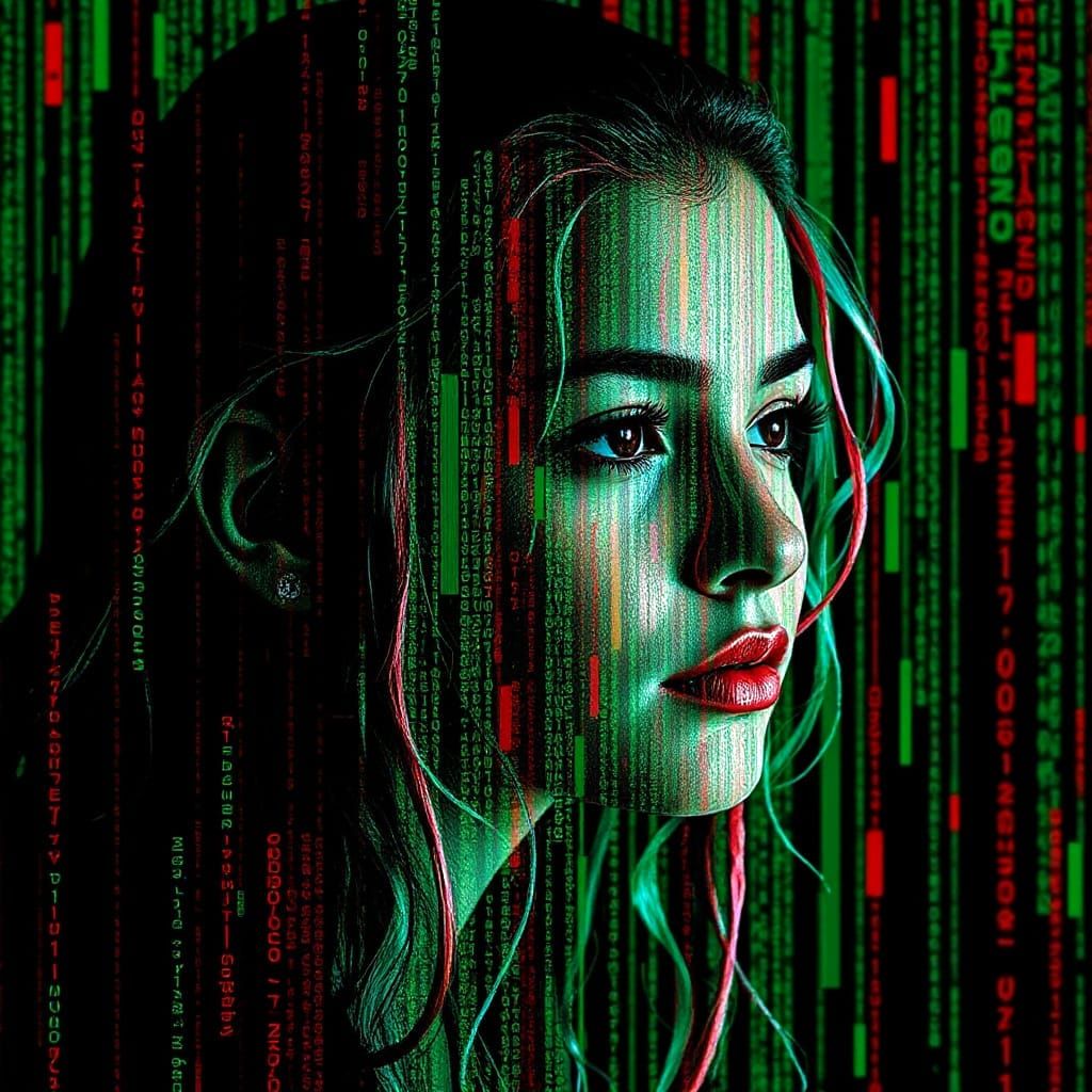 Glitch effect, Adorable girl, Matrix code, Psychedelic colorful silhouette, Carne Griffiths, Paul Klee, ...  by @Hugo Raul