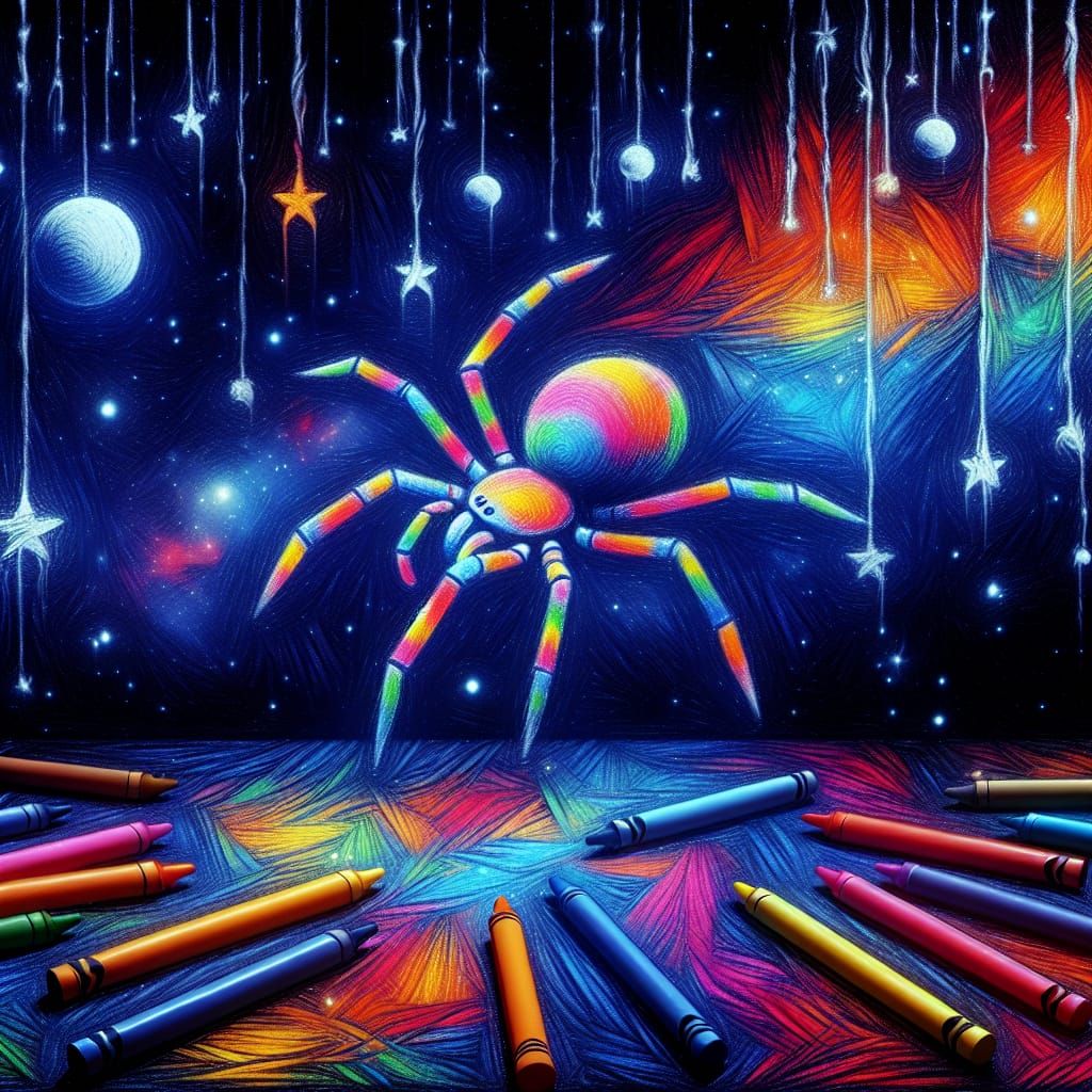 (The Doodle Spider  is  a  luminous spider  a crayon  held in each leg )  creates graffiti, 
Doodle  me a world ,drawn world, naive child-li...