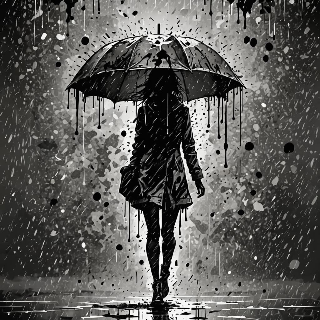 Ink Splash Art: Girl in Rainy Silhouette