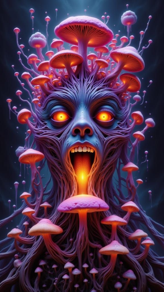 Surreal Woman Eating Glowing Mushrooms in Psychedelic Colors