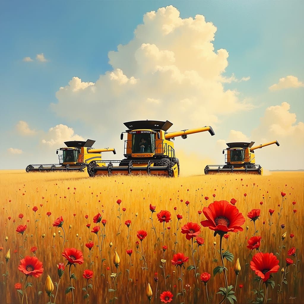 Harvesters coming towards a flower in a field in Gouache Sty...