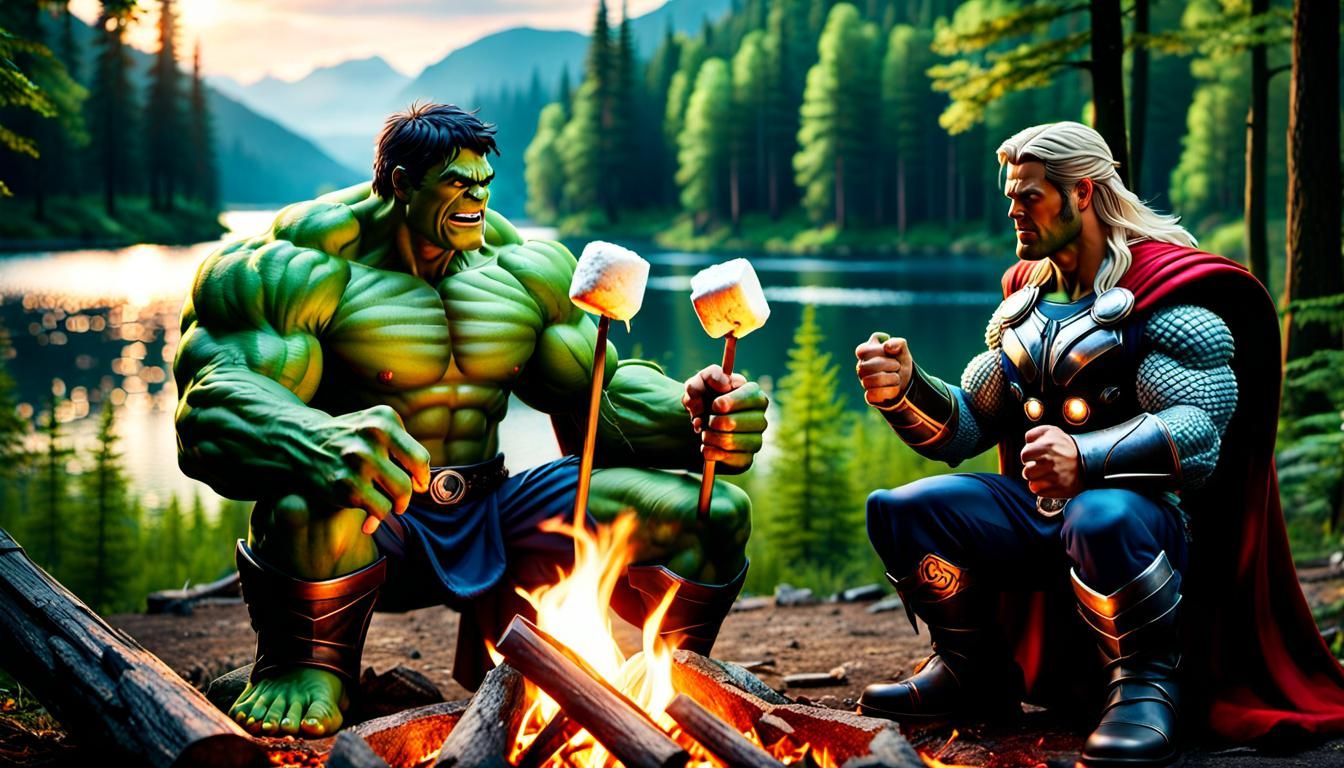 The Hulk and Thor roasting marshmallows at a forest campsite, near the lake.  by @ukimalefu