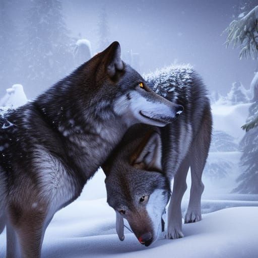 Two wolves nuzzled close together in the snow 