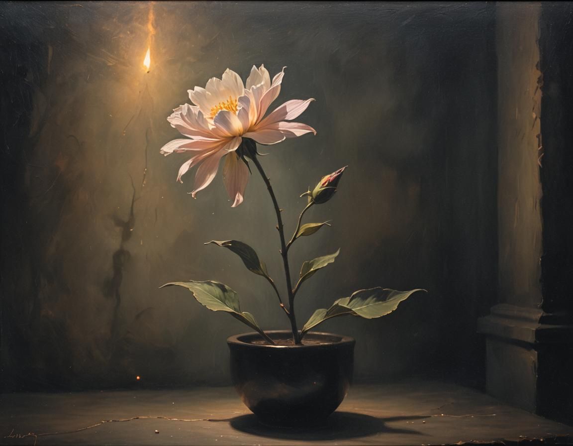 Ethereal Flower in Dim Chamber: Oil Painting