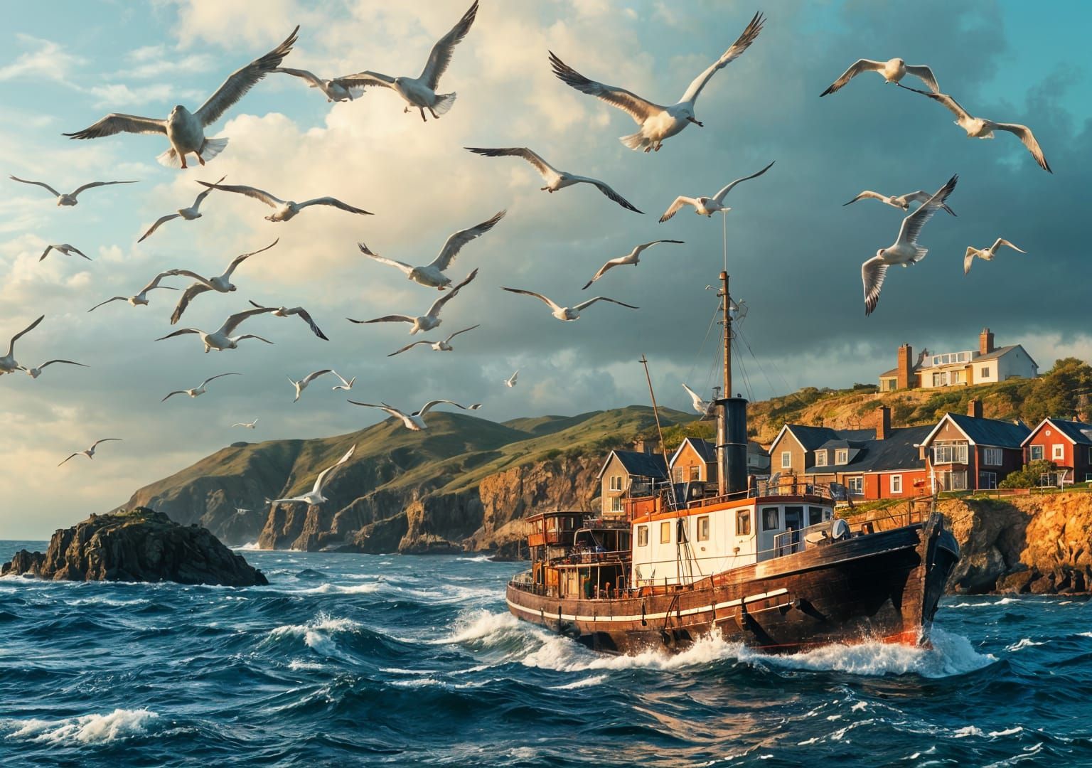 A flog seagulls flying over a trawler fishing at sea  by @nljuggler