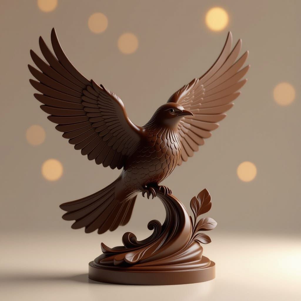 : A chocolate sculpture of a bird in flight. The sculpture is intricately detailed, with feathers, wings, ...  by @Anna Koprivova