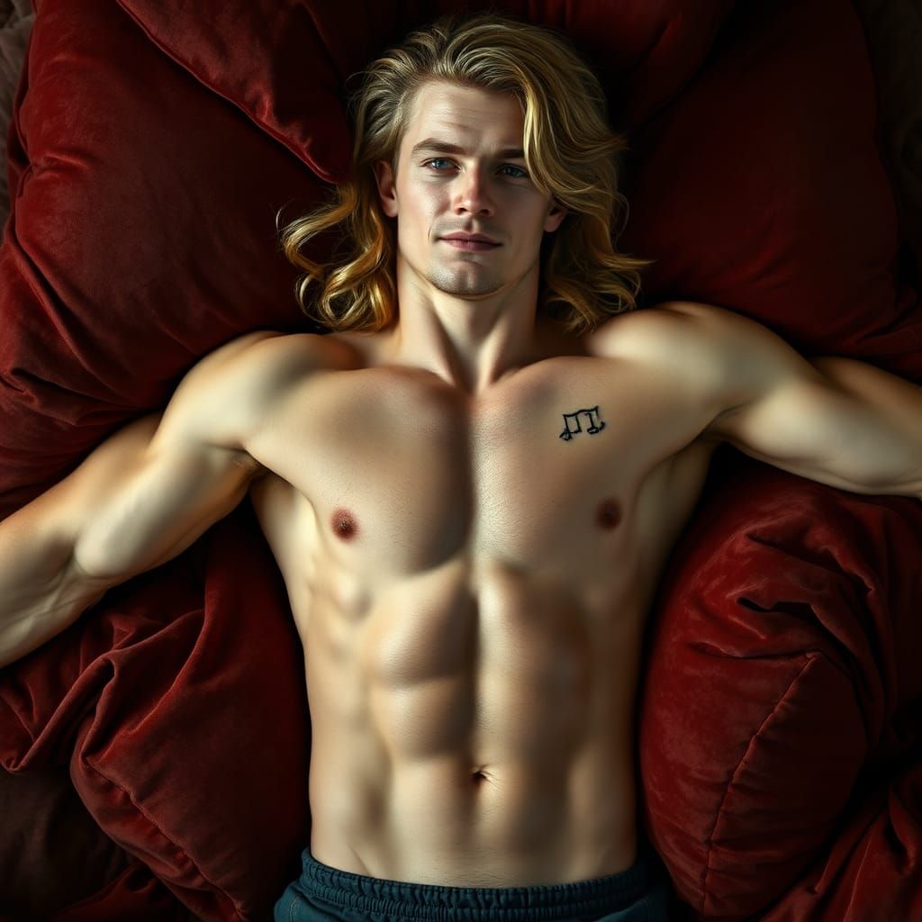 A chiseled male figure, epitomizing physical perfection, with luxuriant, wavy locks cascading down his back like a golden waterfall. His at...