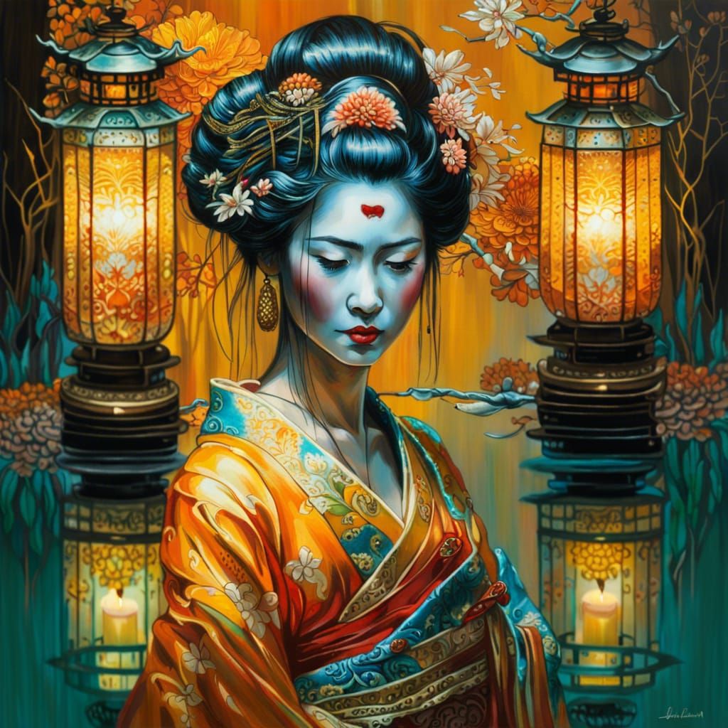 Geisha in Mirrored Reflection: Detailed Lace Art