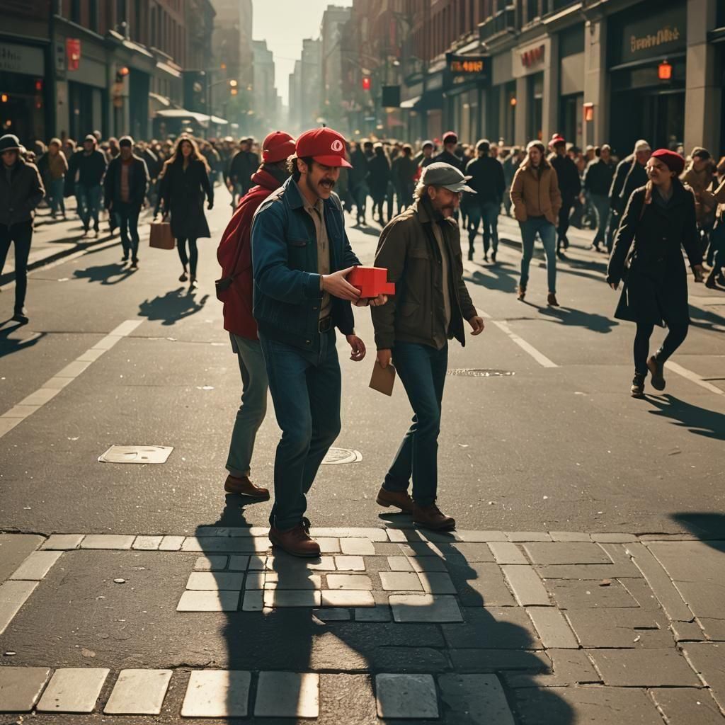 A realistic image of Mario jumping to break a block with the question mark like in the video game Super Mario Bros. The scene takes place in...