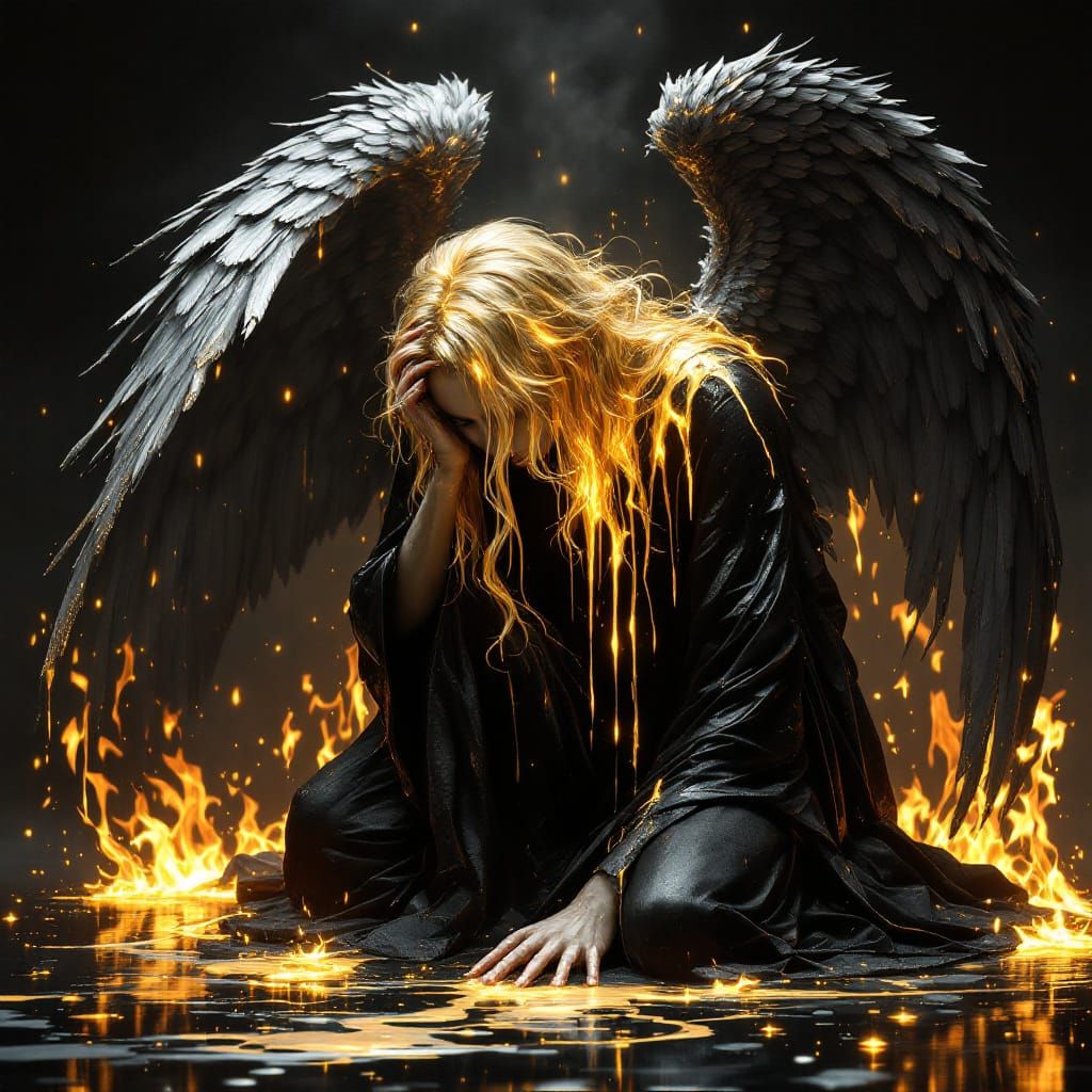 A fallen angel kneeling in sorrow, depicted in hyper-realistic detail. The figure has golden flowing ...  by @TEEGRAF