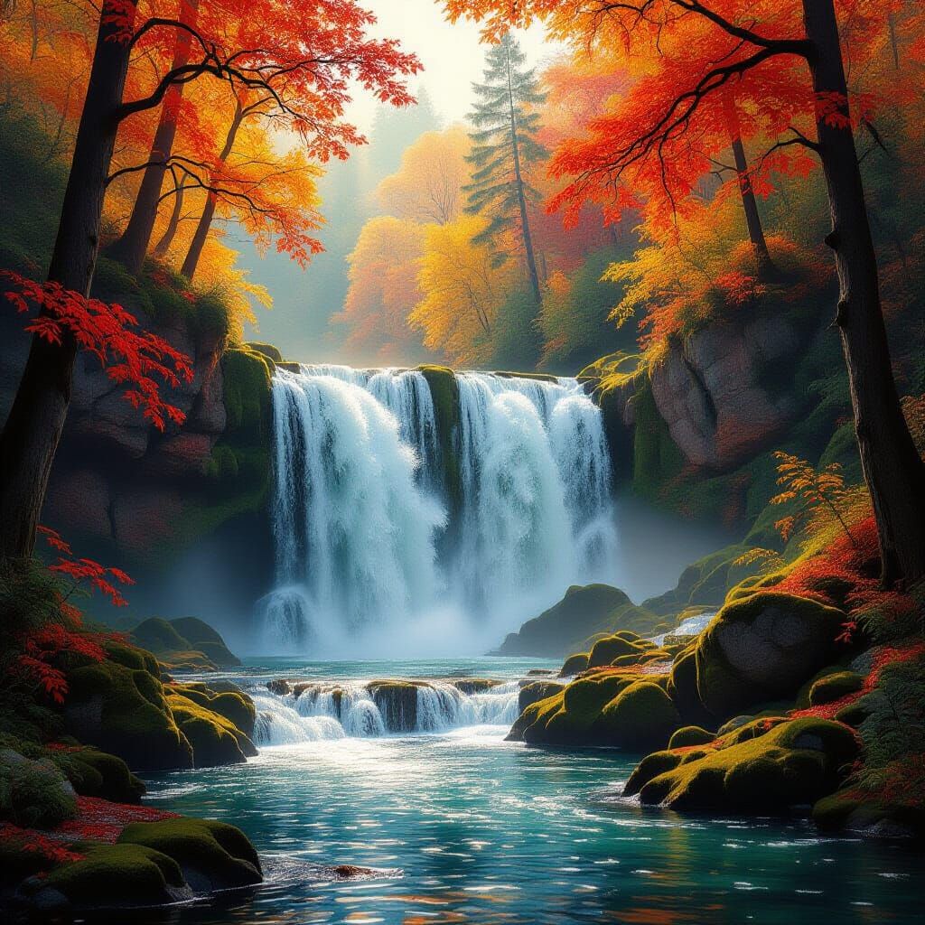 A waterfall in an autumn forest, the calm power of water tumbling through forests dressed in red, orange, and gold.