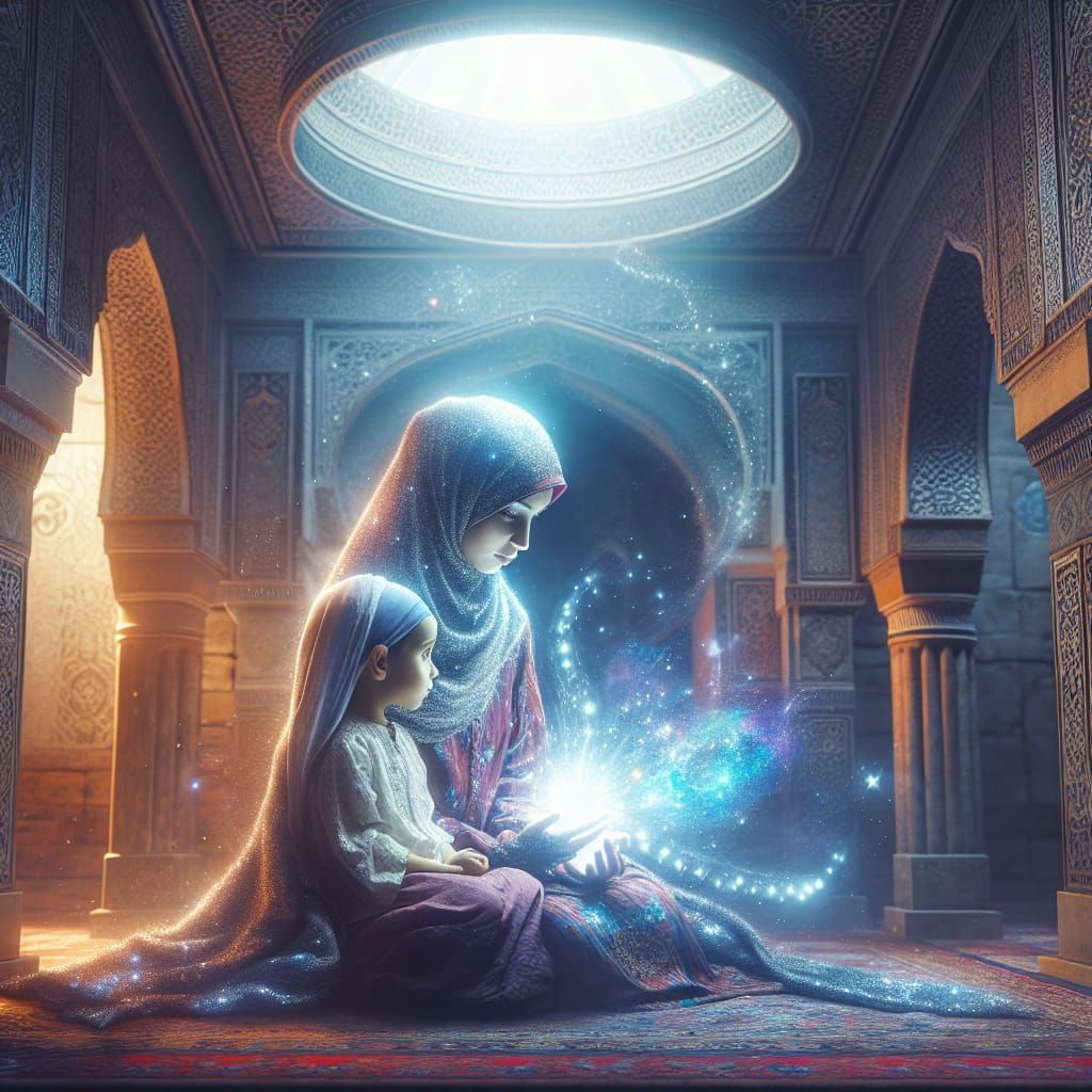 Mother and Child Emitting Light in Mosque Interior