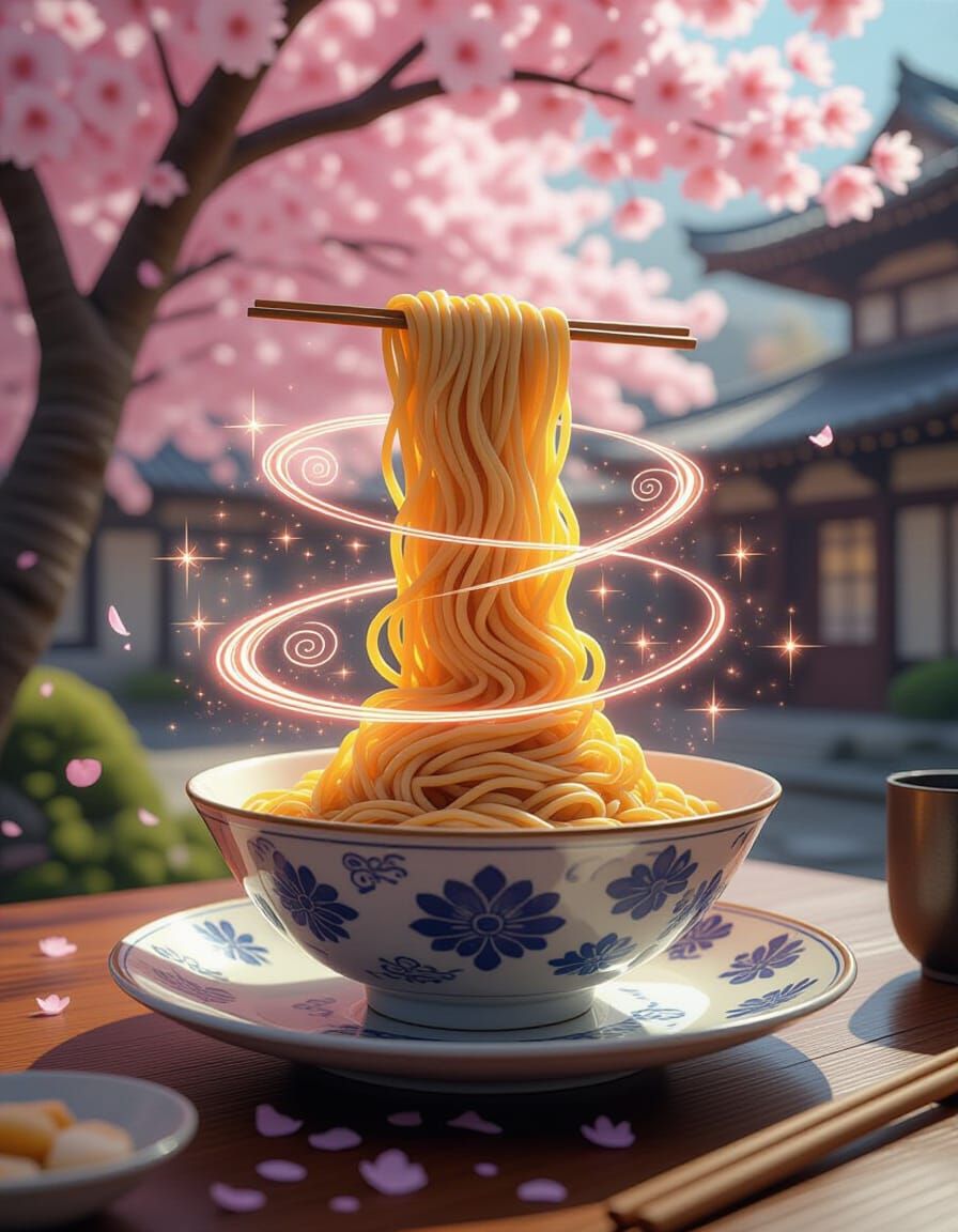 The Arcane Ramen Spiral: A Floating Noodle Tower Suspended Above a Spellbound Plate of Mystical Culinary Energy