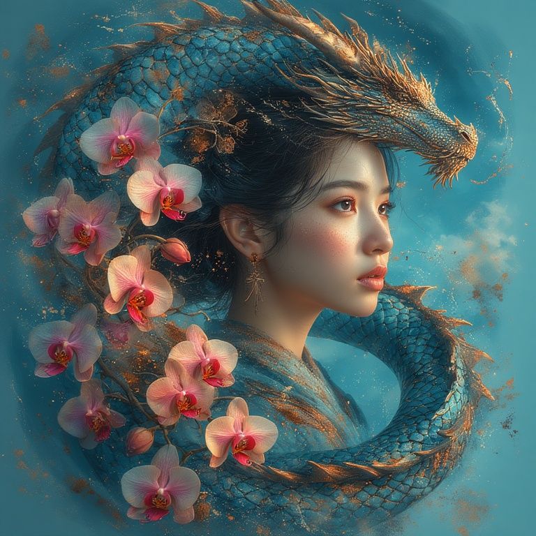 Woman with orchids and dragon