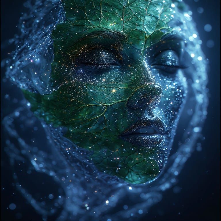 face made of dew-kissed green leaf with intricate veins