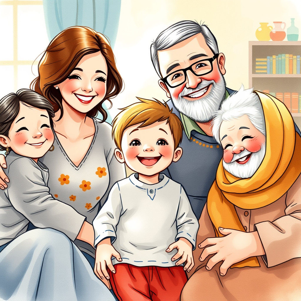 Loving Family Portrait in Watercolor Illustration Style