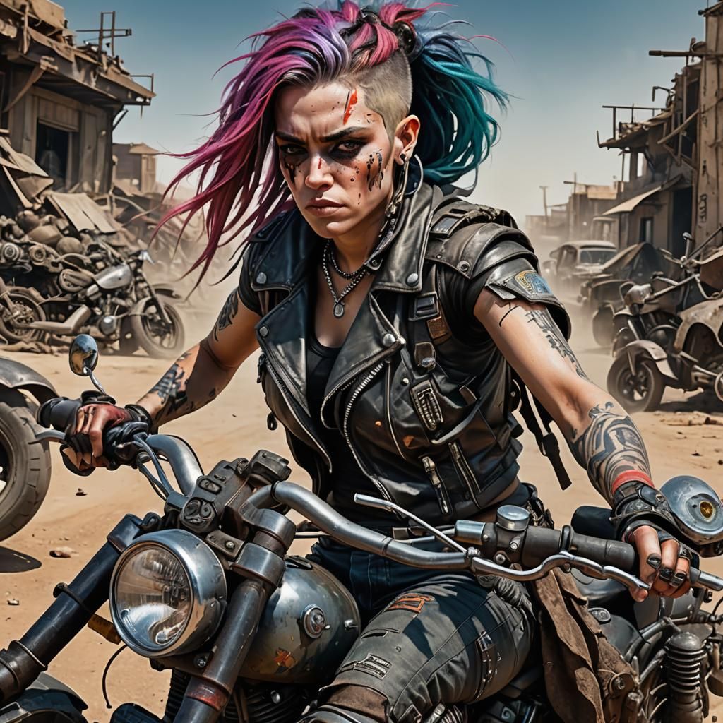 A 30 year old woman,  mohican multicoloured hair, cyborg arm...