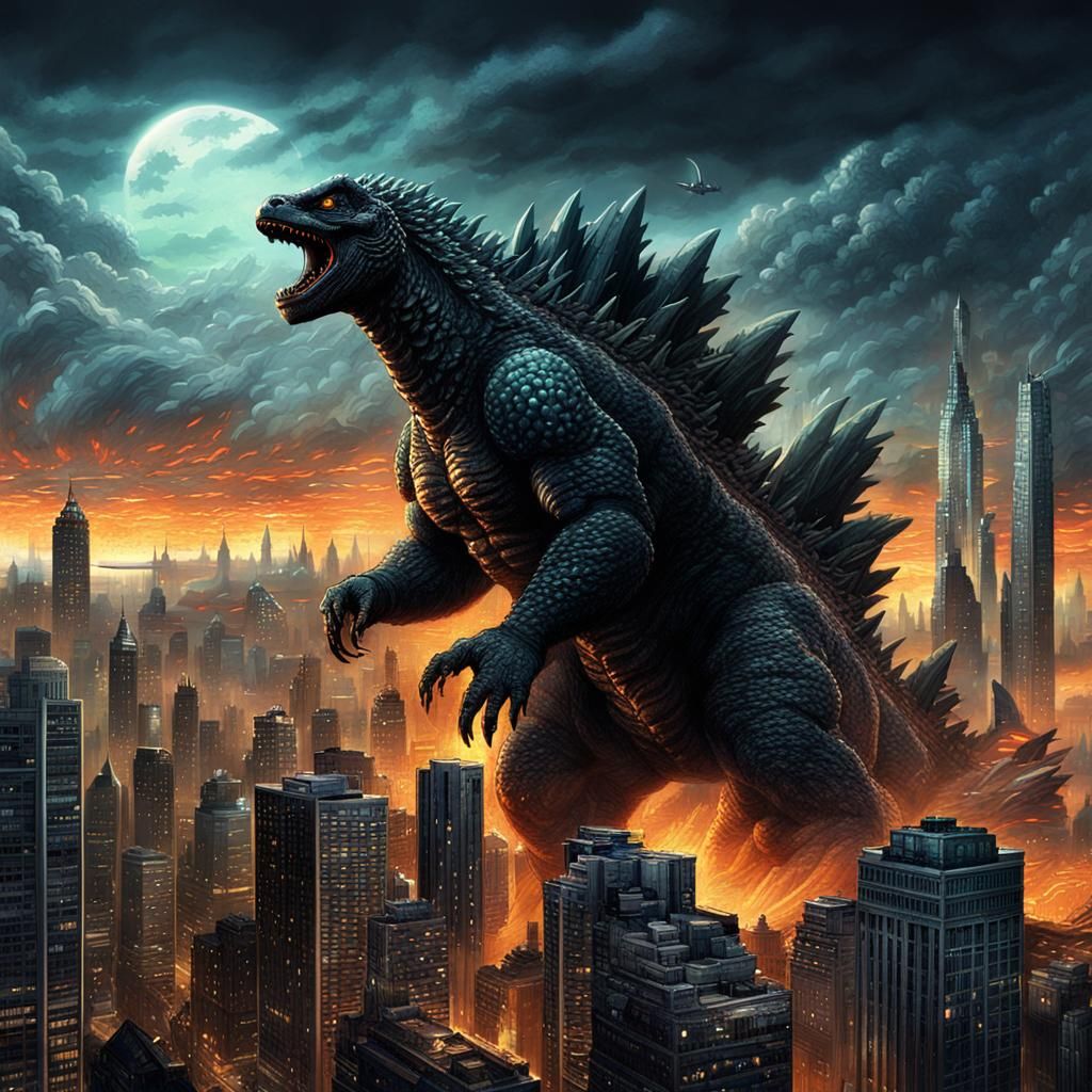 Godzilla Near a Large City Epic cinematic brilliant stunning intricate ...