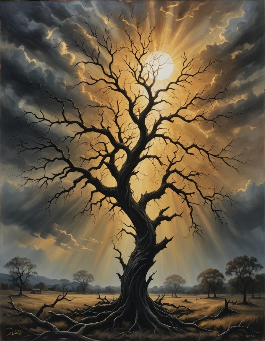 Ominous Sunrise in a Surreal Oil Painting