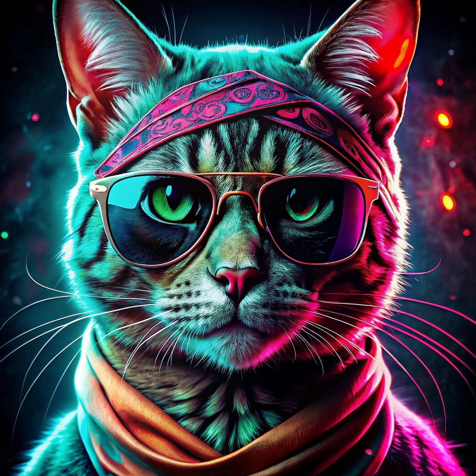 Psychedelic Cat wearing sunglasses and a bandana Version 2