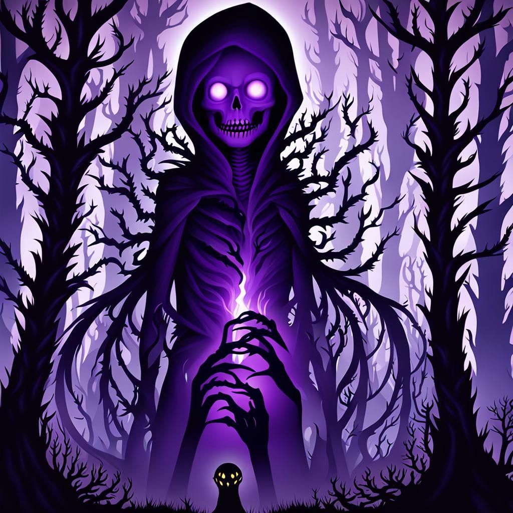 Eerie Hooded Figure in Dark Fantasy Forest