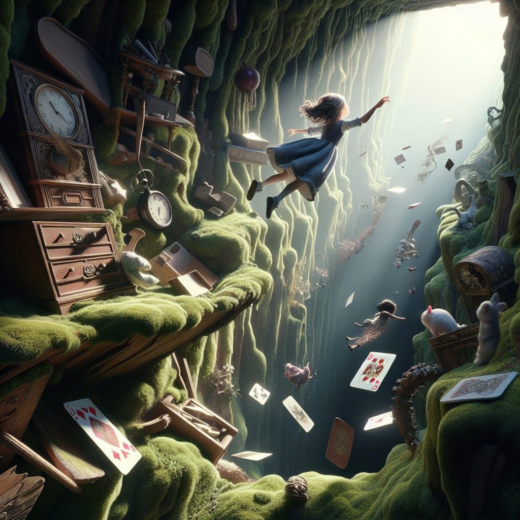 Beautiful Alice in wonderland falling down the rabbit hole, playing cards, furniture moss covered hole, ...  by @Kindly Offer