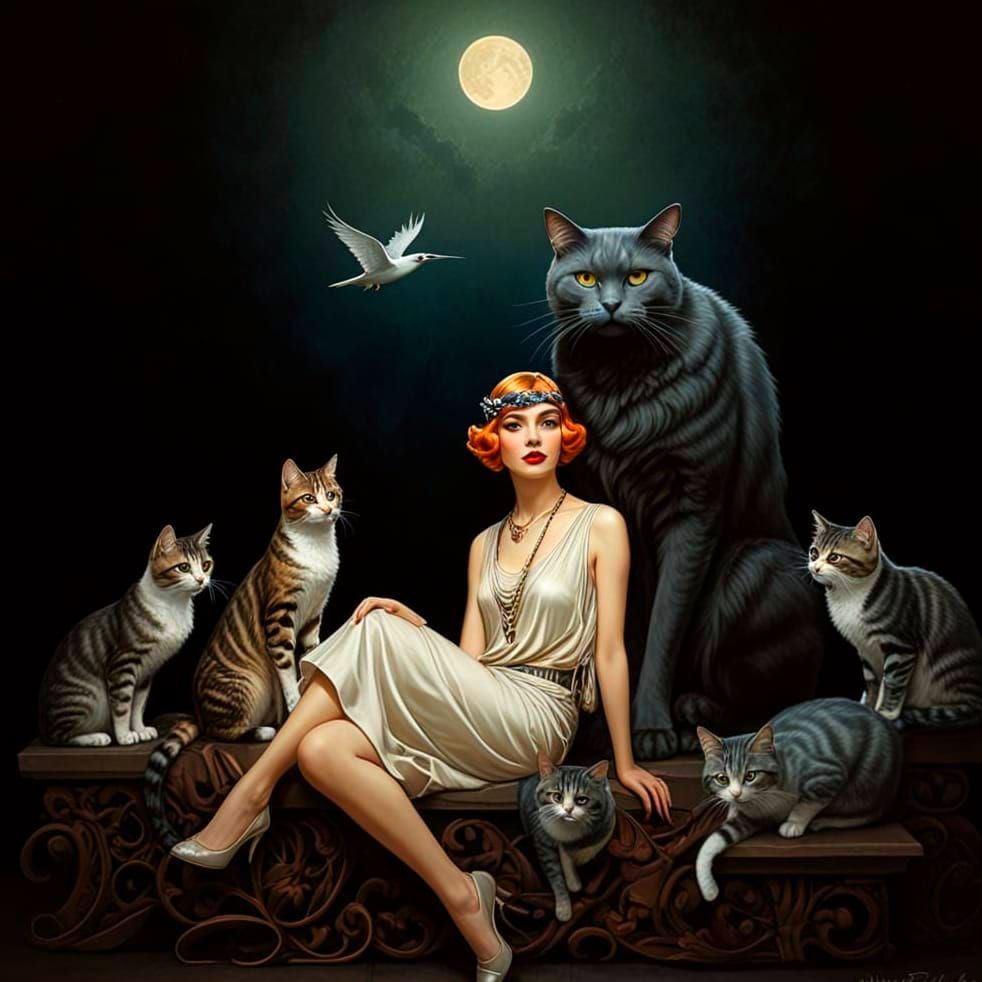 Flapper Girl Surrounded by Whimsical Creatures in Vibrant Co...