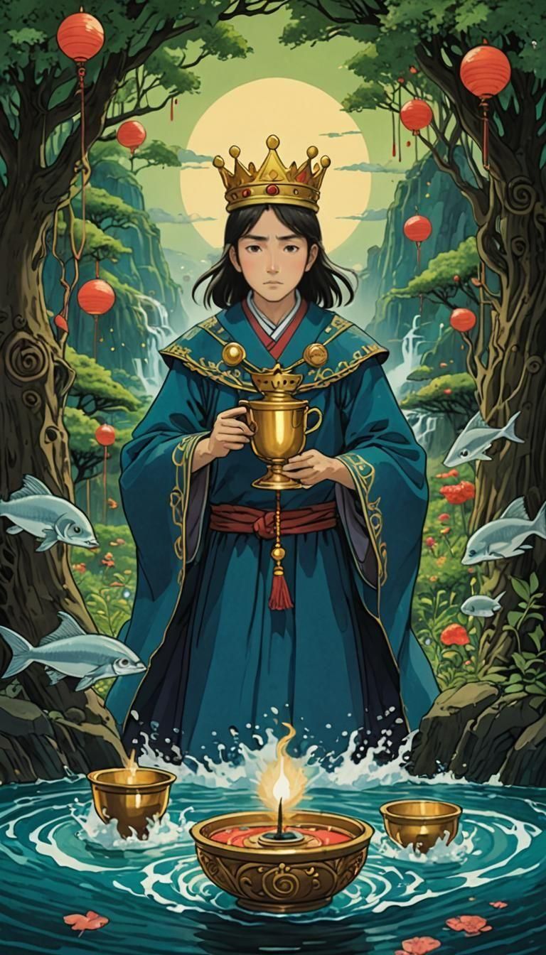 king of cups tarot card, vampire theme, extremely detailed, hyperrealistic, eerie atmosphere