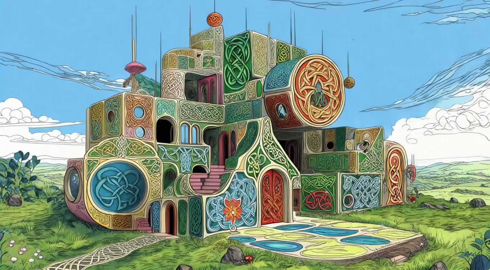 Irish inspired, futuristic fairy fort with irish lace cloth patterns and modular architecture, abstracted shapes and vib...