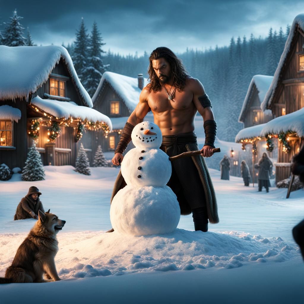 Shirtless Jason Momoa building a snowman that is starting to...