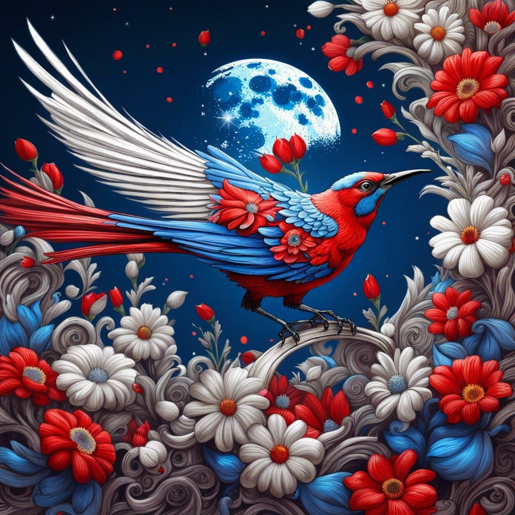Amazing epic red, white and blue bird with long flowing tail on crescent of flowers, fun moon background, ...  by @KrystofM75