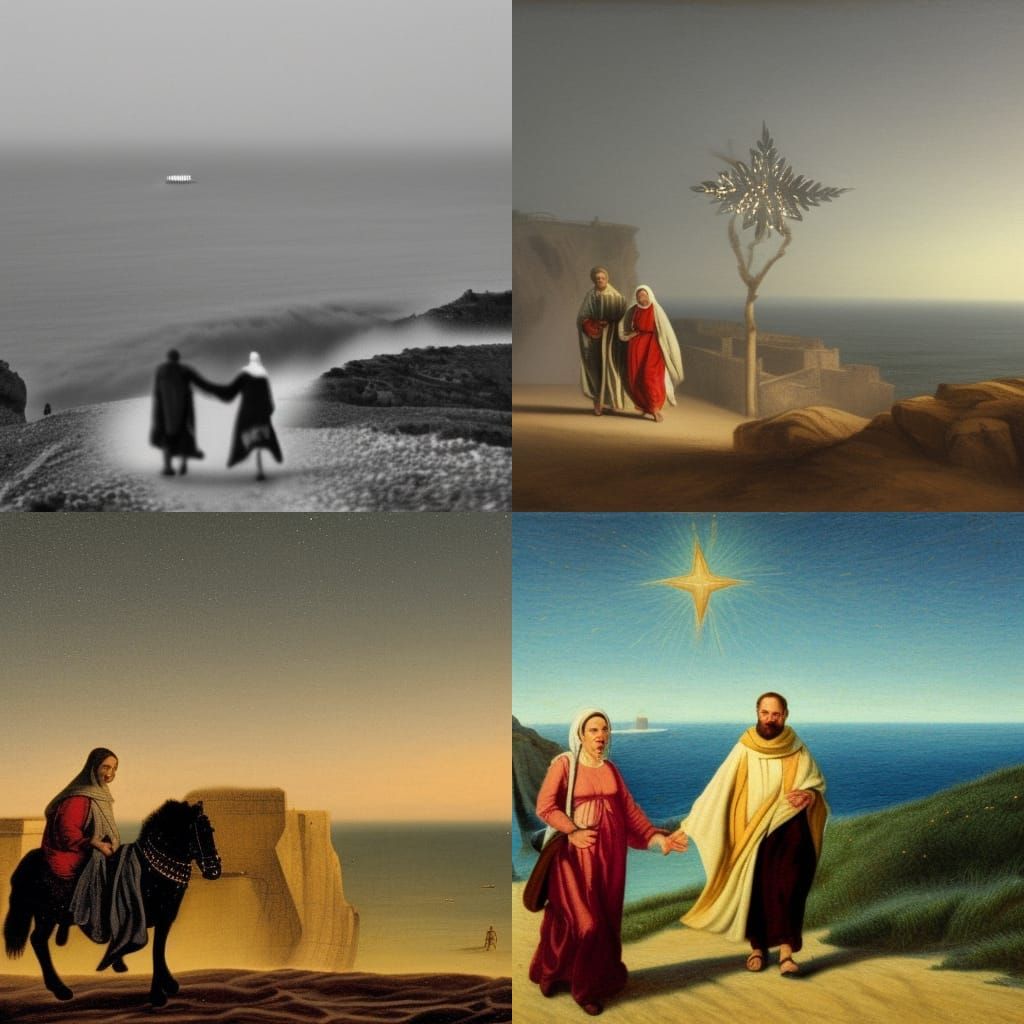 Mary and Joseph walking towards Nazaré with the star of Beth...