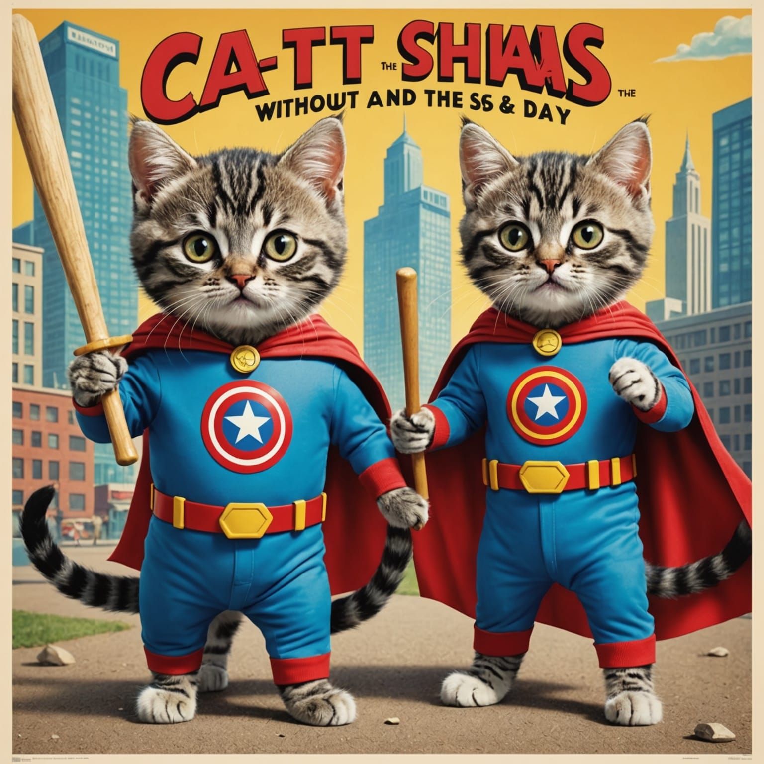 Kitten and his mentor cat superhero costumes posing like pro...