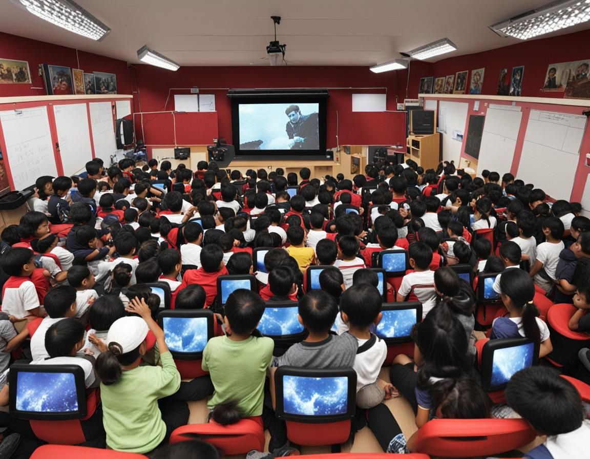 Podrías hacer imágenes de alumnos en el aula, la profesora manejado un proyector de cine y en la pantalla se ve a obrero...