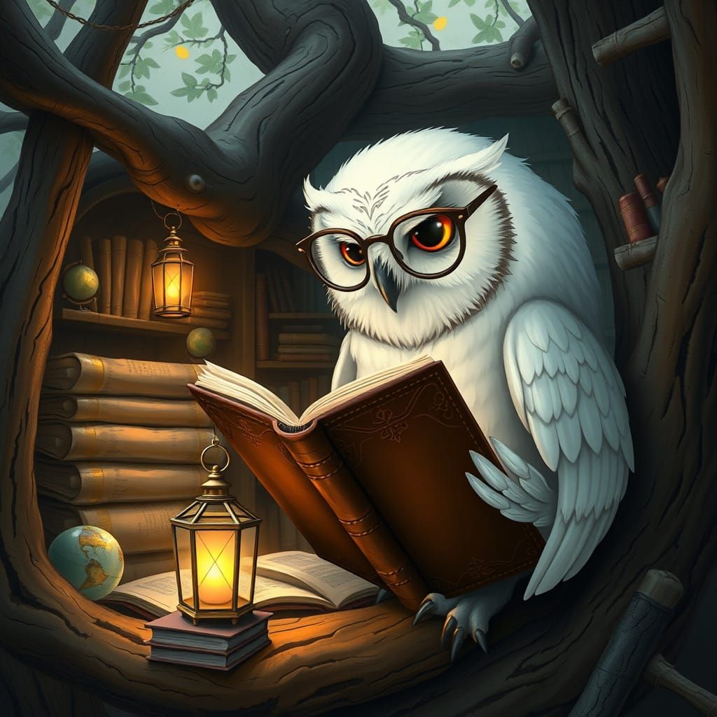 A wise old white owl, wearing a tiny pair of spectacles, is engrossed in reading a leather-bound book in its cozy treetop library. Stacks of...