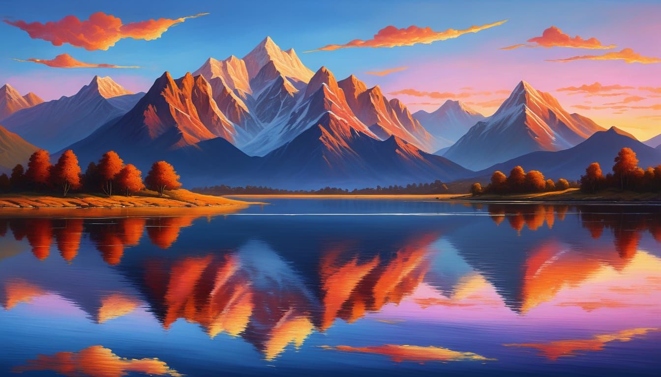 Lake and mountains at sunset