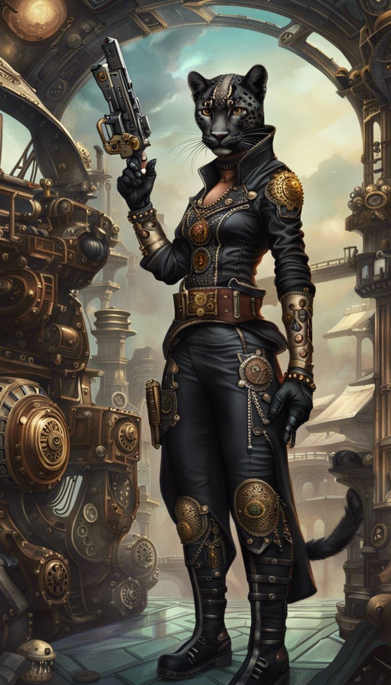 Female black leopard with a pistol on a steampunk spaceship