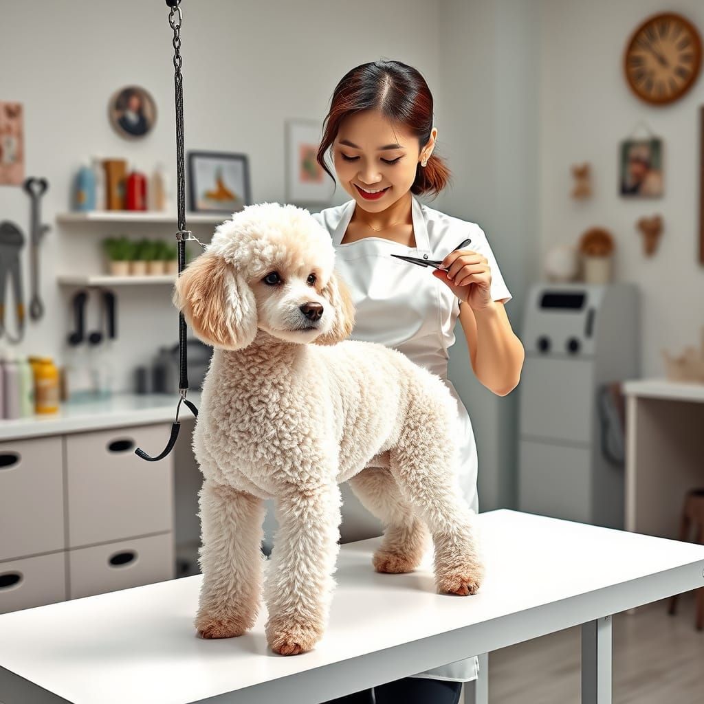 Asian Pet Groomer Cares for Elegant Poodle