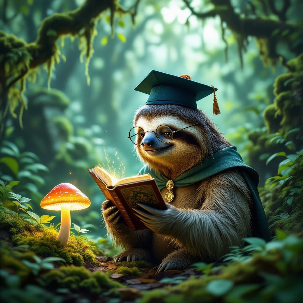 A wise old sloth, adorned with a tiny scholar's cap and spectacles, meticulously examines a rare, glowing ...  by @A132130000