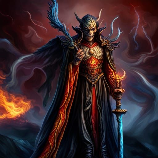 Undead warlock with staff of flames. Lich,