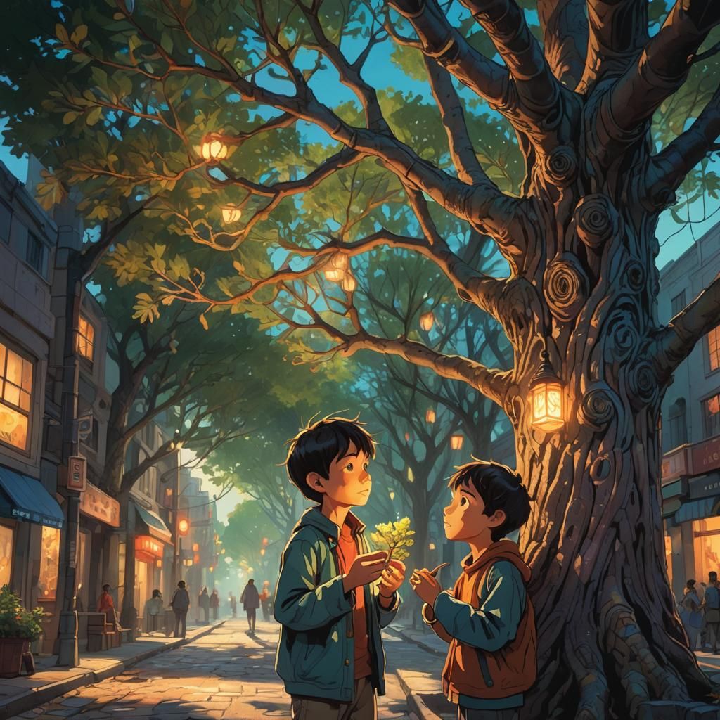 Boy Eats Glowing Tree Branch: Whimsical Art