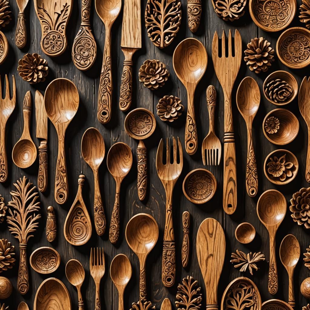 A pine wood carved kitchen utensils,