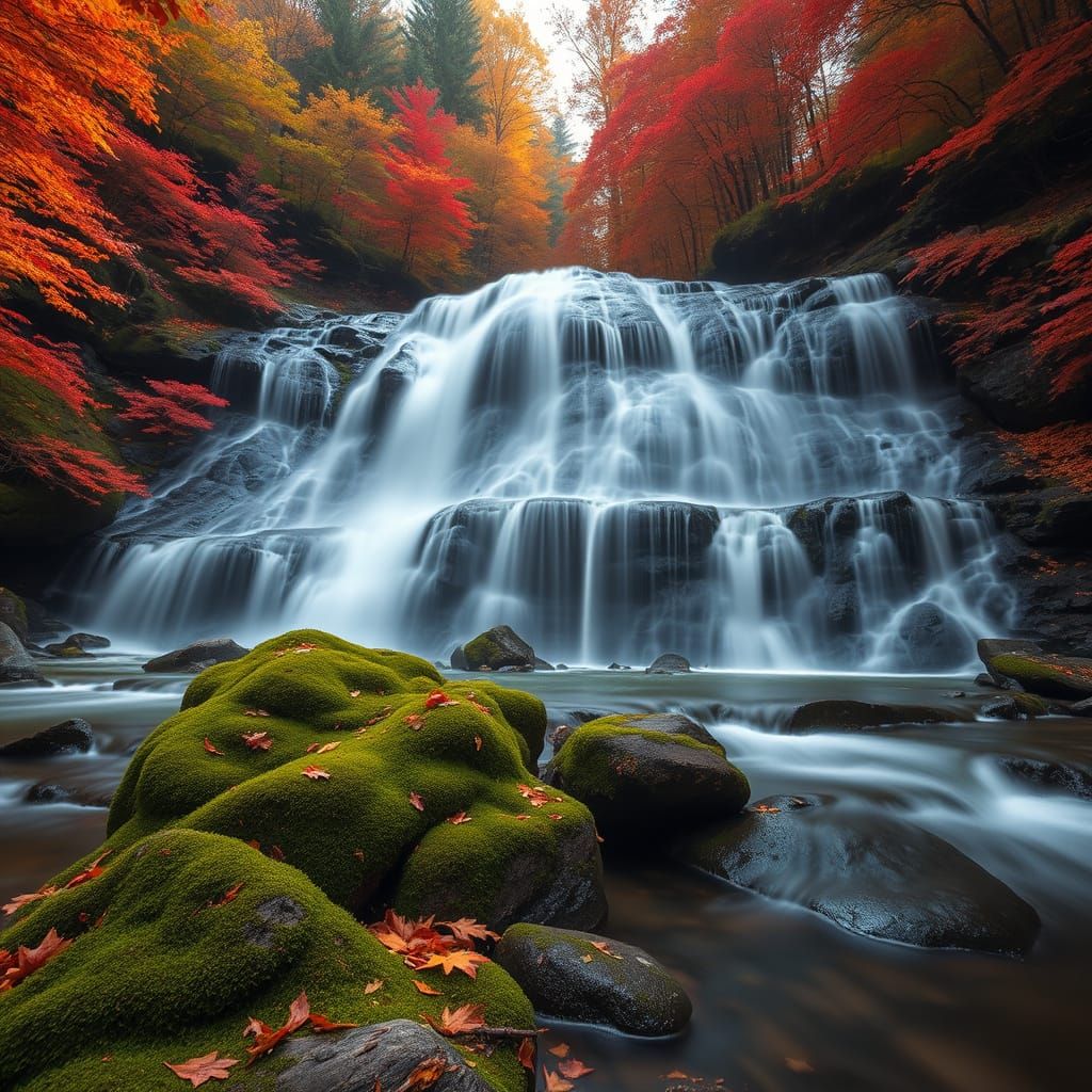 "A majestic waterfall cascading over mossy rocks in a vibrant autumn forest. The surrounding trees are ...  by @Twinki 