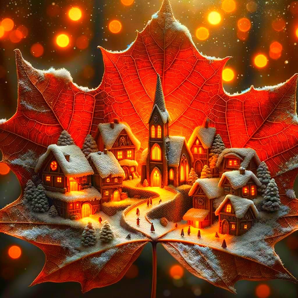 Winter Village on Autumn Leaf: Macro Fantasy Scene