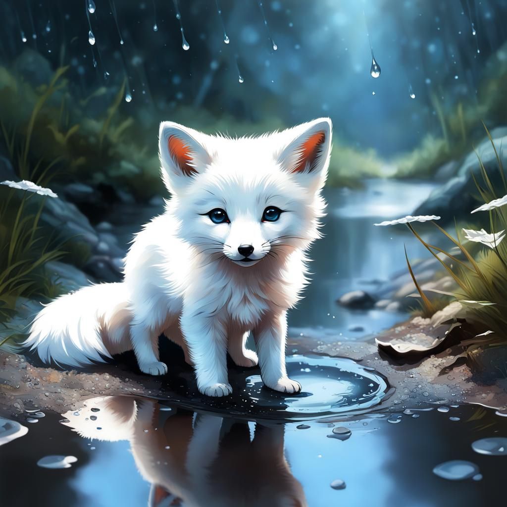 White fox playing in a puddle  by @Soph-A-Loaf