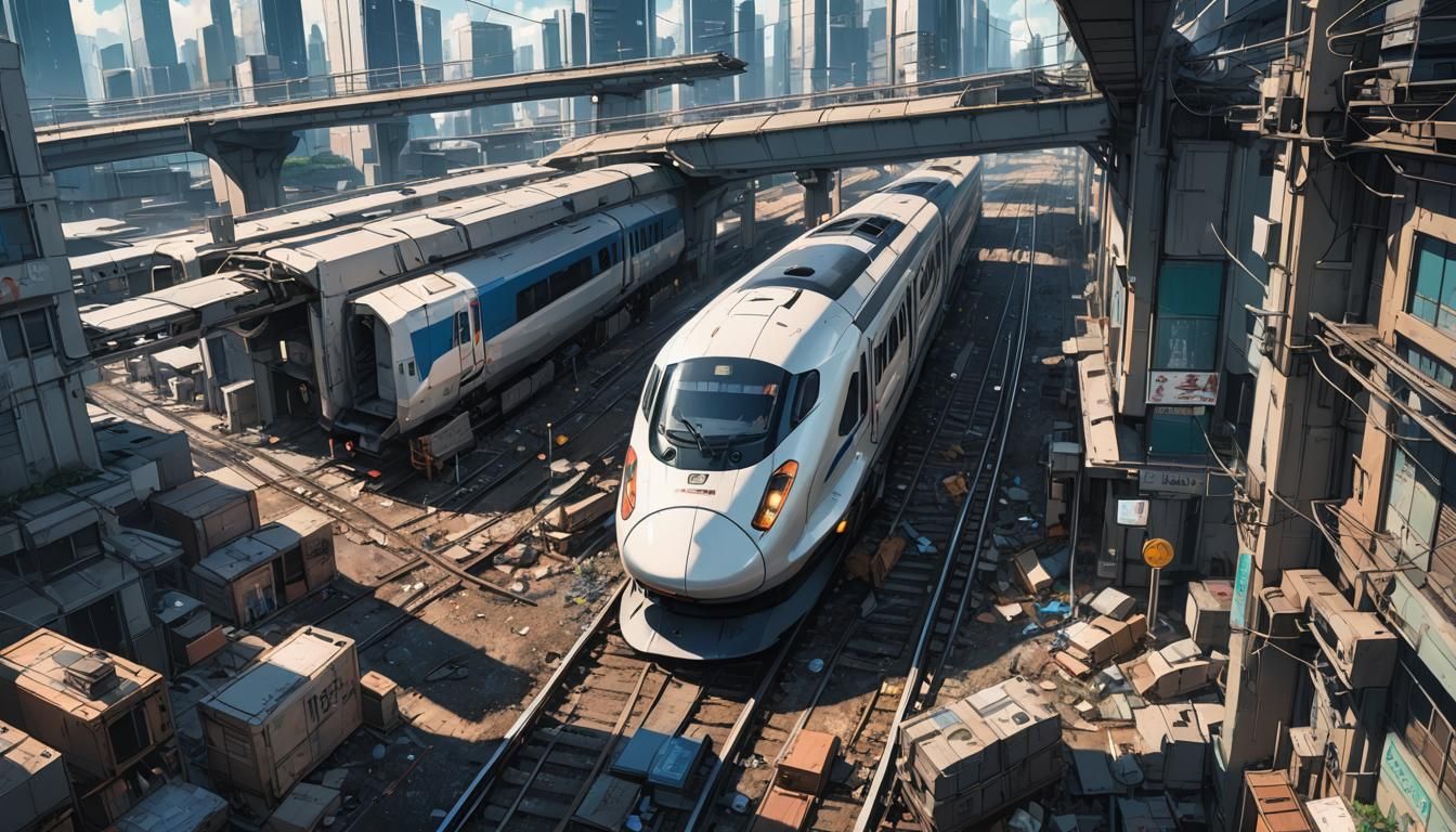 cyberpunk city, trash, modern bullet train, seen from ground