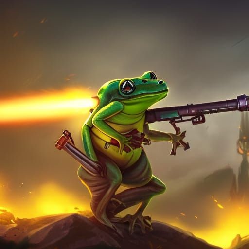 A frog wielding a rocket-launcher from a video game.