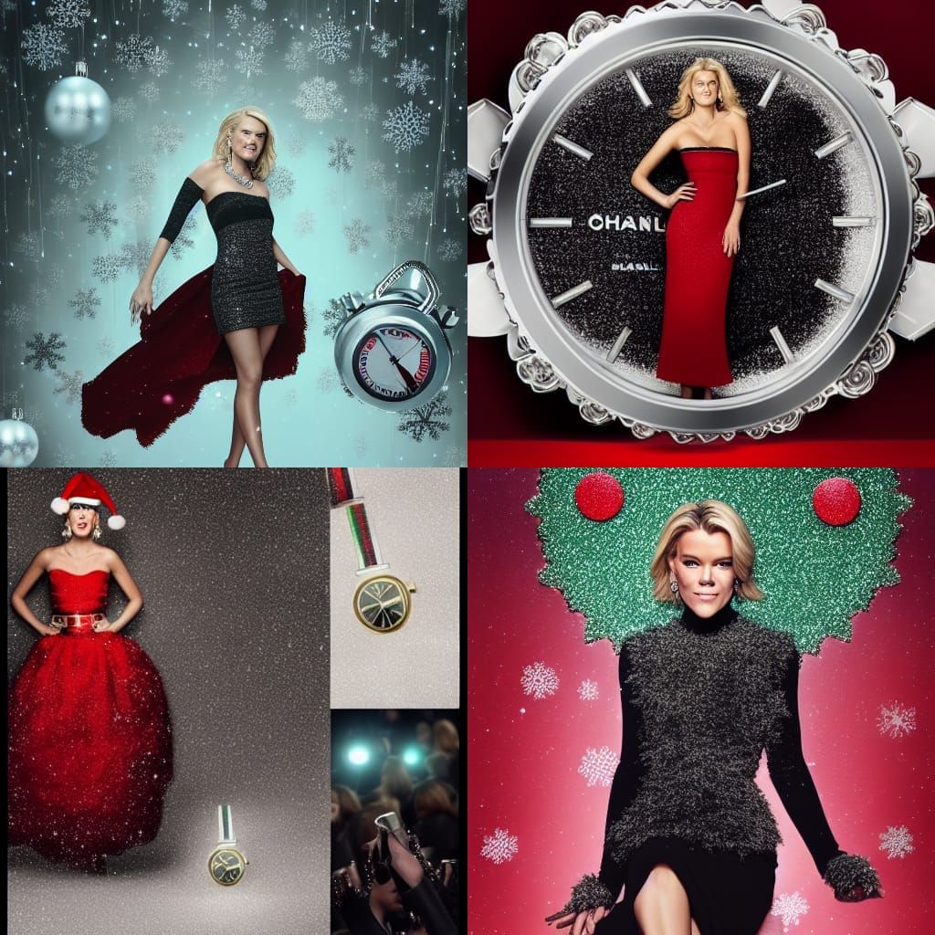 Megyn Kelly modeling Christmas fashions by  Chanel on the fashion runway, photo in a magazine, metallic red, green, silv...