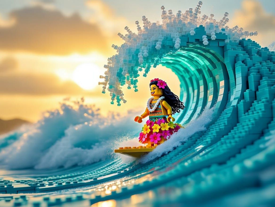 An immense tidal wave, starting to break, composed entirely of Lego blocks. Atop this wave is a surfing ...  by @Maghnuis